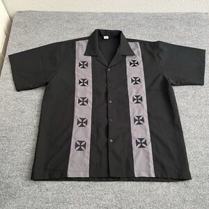 VTG 90s Interstate Iron Cross Bowling Shirt Black Gray 3XL Skateboarding Skater